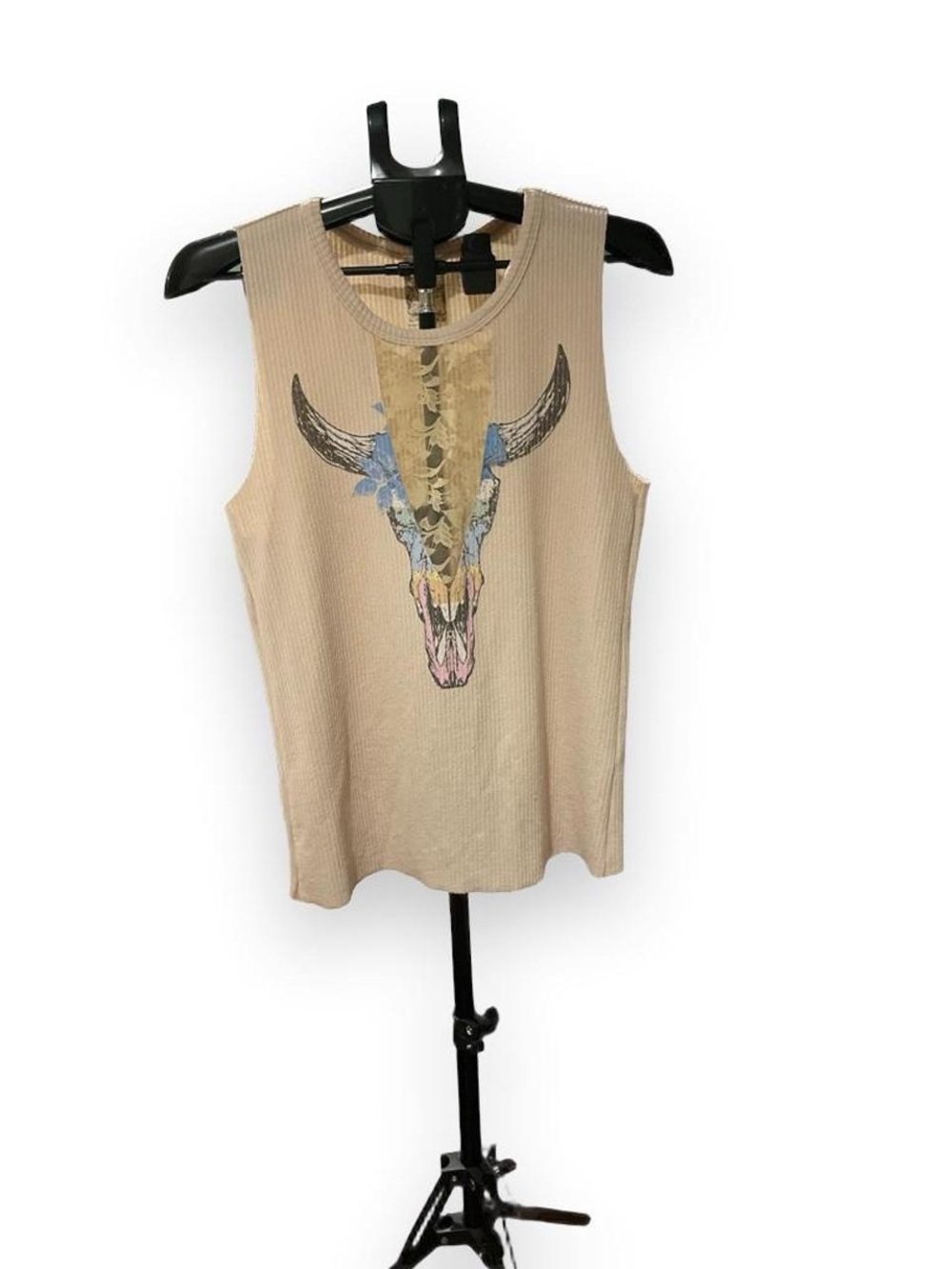 Vocal Beige Ribbed Tank with Colorful Bull Skull Graphic